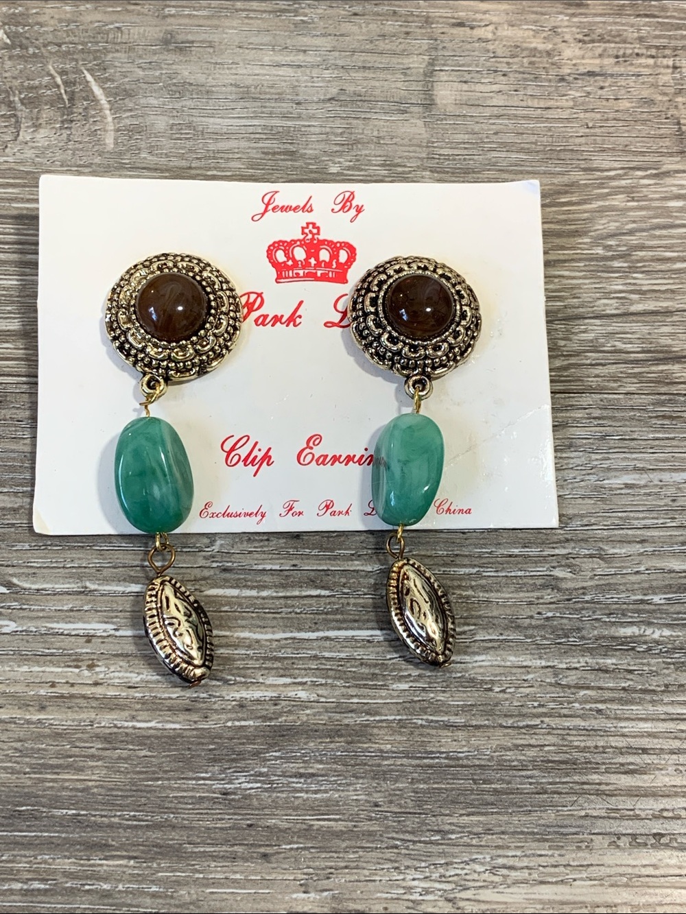 Vintage Park Lane Gold-Tone Earrings with Teal Drops and Brown Accents